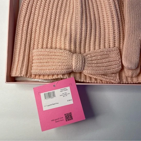 NWT Kate Spade Half Bow Beanie and Glove Set English Rose - Picture 2 of 5
